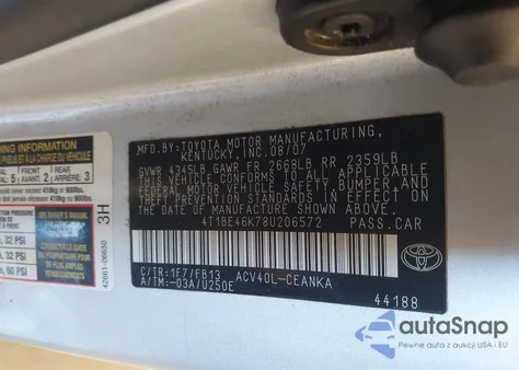 2008 Toyota Camry Le from USA, damaged, VIN 4T1BE46K78U206572